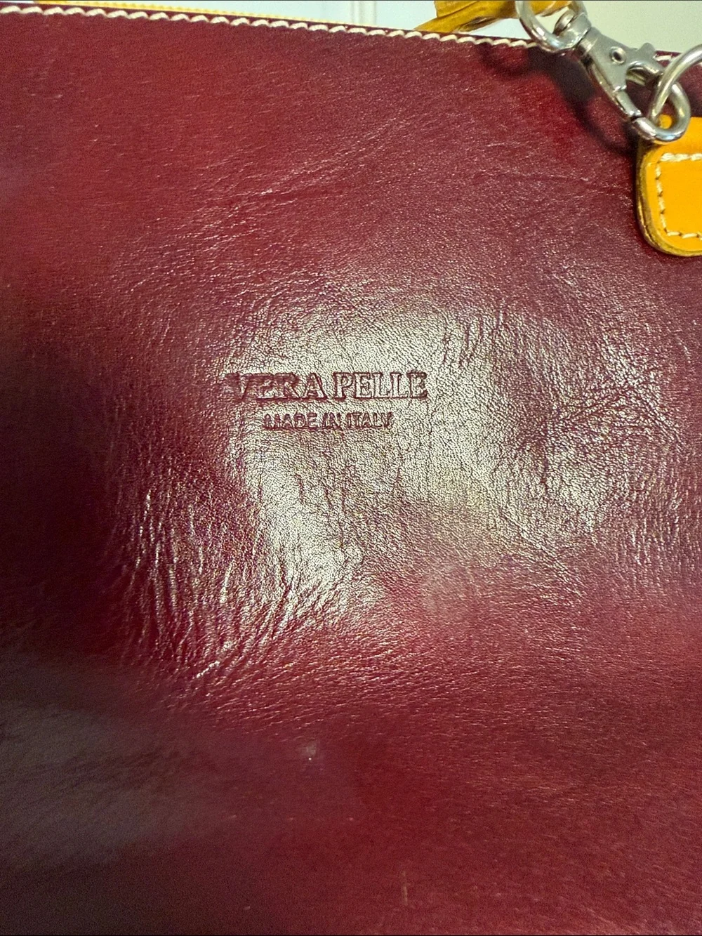 Vera Pelle Leather Women’s Crossbody Bag in Burgundy/ Red with Mustard Strap